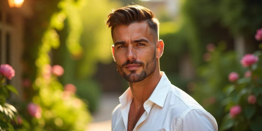Realistic undercut haircut for men - long dark brown top with shaved sides. Model in white shirt amid floral garden.