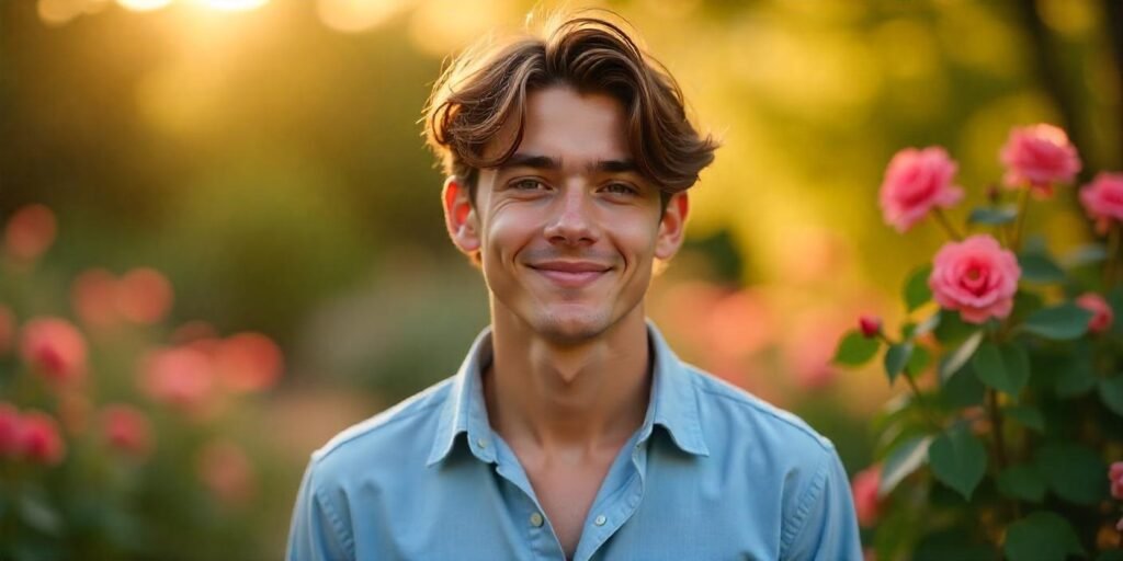 Realistic photo of man with medium brown shaggy layered haircut wearing light blue shirt in romantic garden