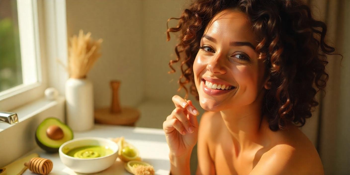 Woman applying creamy avocado honey hair mask to defined brown curls in a sunny bathroom