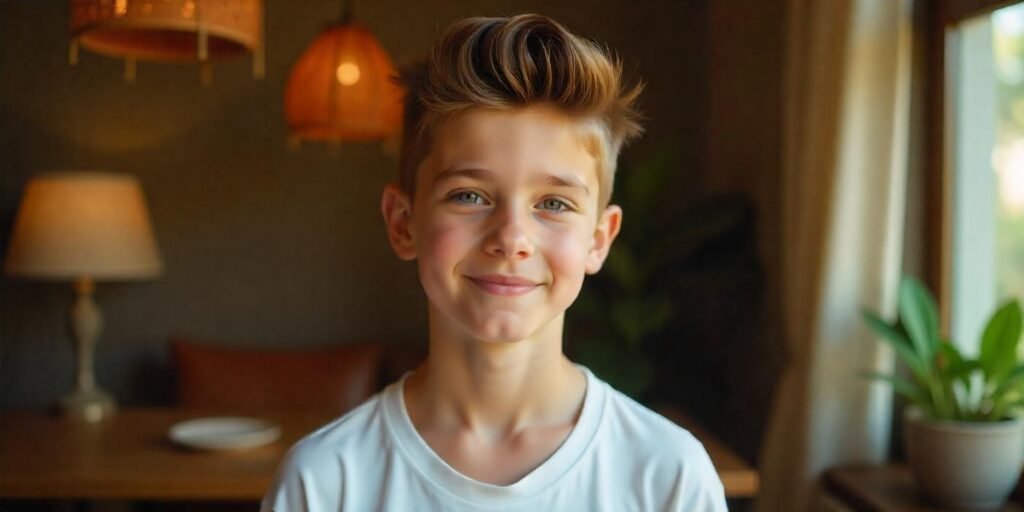 "Teen boy with a pompadour hairstyle, wearing a white shirt, in a romantic background with a natural, confident expression."

