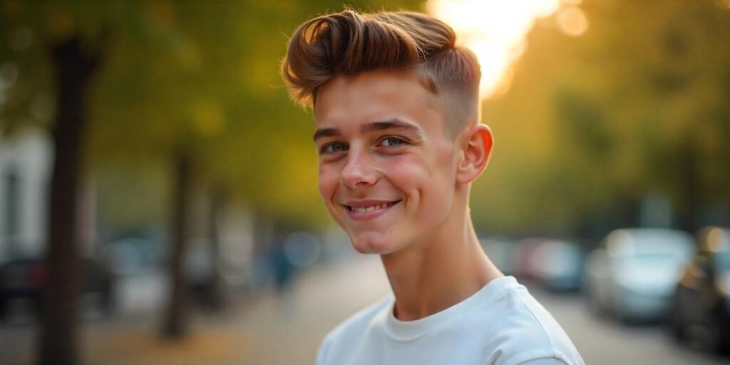 "Teen boy with a quiff hairstyle, wearing a white t-shirt, smiling softly in a romantic outdoor setting."







