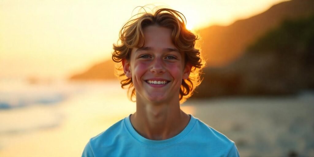 Teen boy with long curly hair in a surfer style, wearing a light blue t-shirt, relaxed expression, romantic outdoor background.

