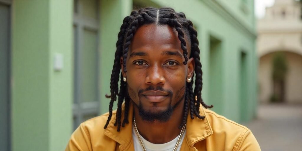 A 25-year-old man confidently sporting box braids, showcasing their bold and versatile appeal.