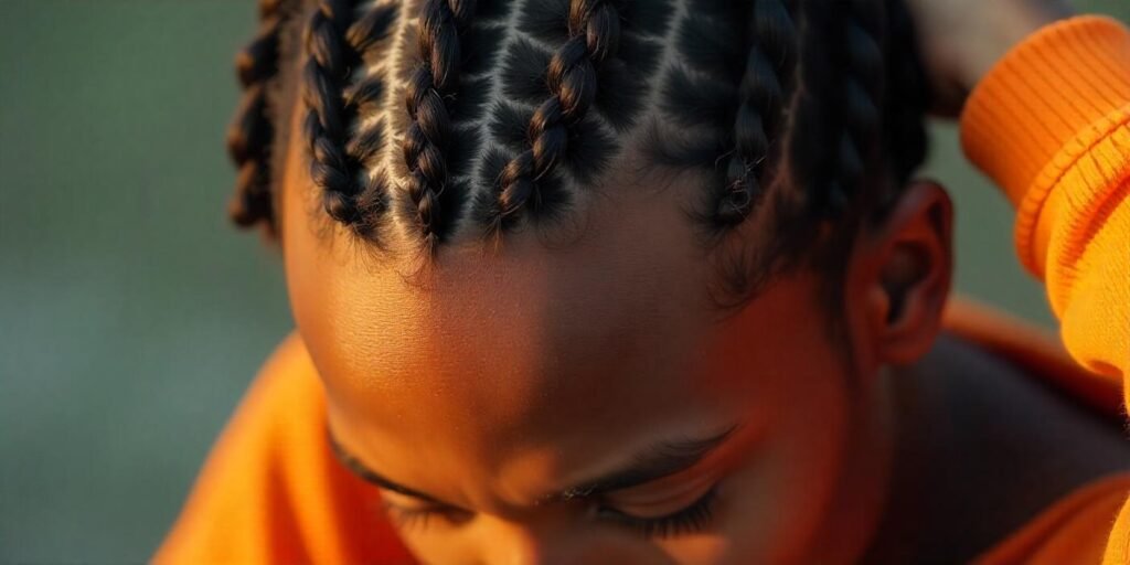 A close-up of neat, square sections of box braids on a 25-year-old man's hair, highlighting the technique.