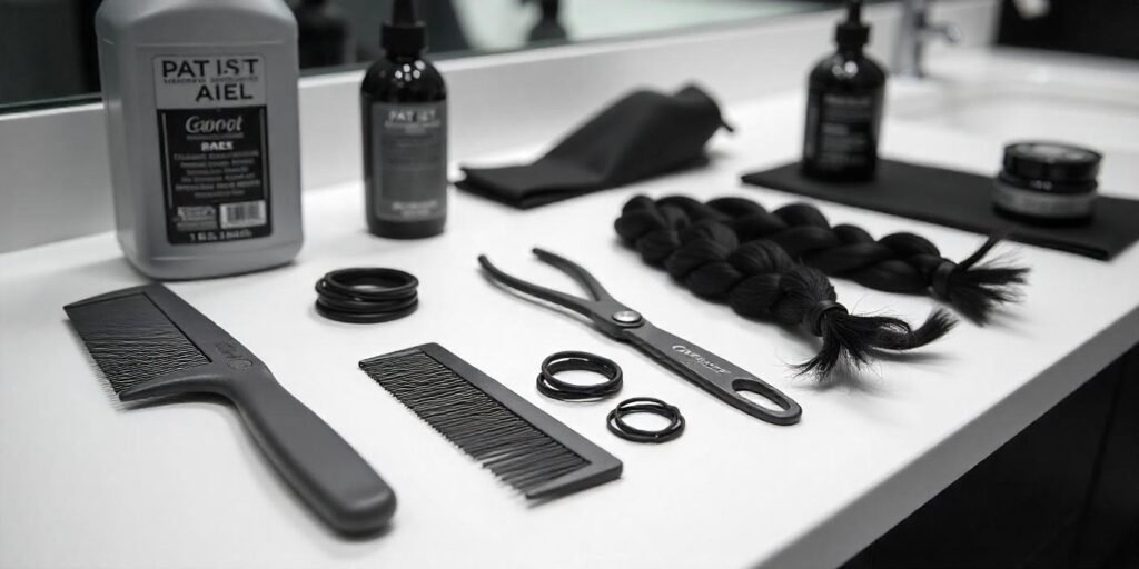 A neatly organized set of tools needed for creating box braids for a 25-year-old man, including combs, gels, and extensions