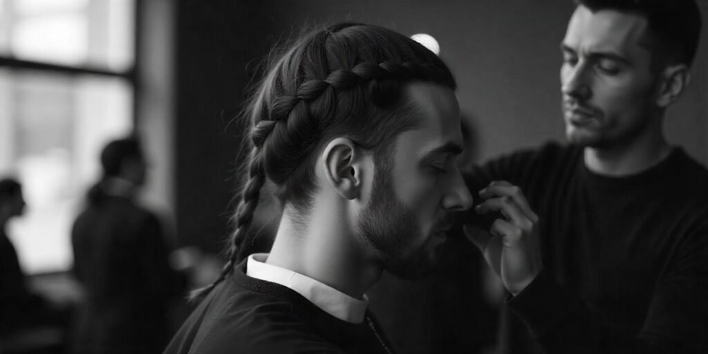 A stylist sectioning a 25-year-old man’s hair into squares before beginning box braids,