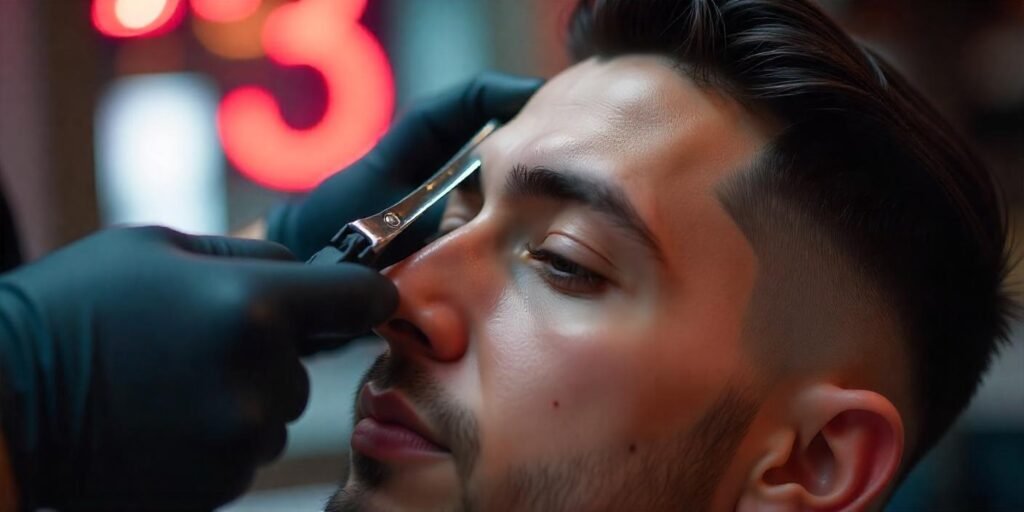Detailed view of the sharp, clean lines of a black line-up haircut on a man’s head.