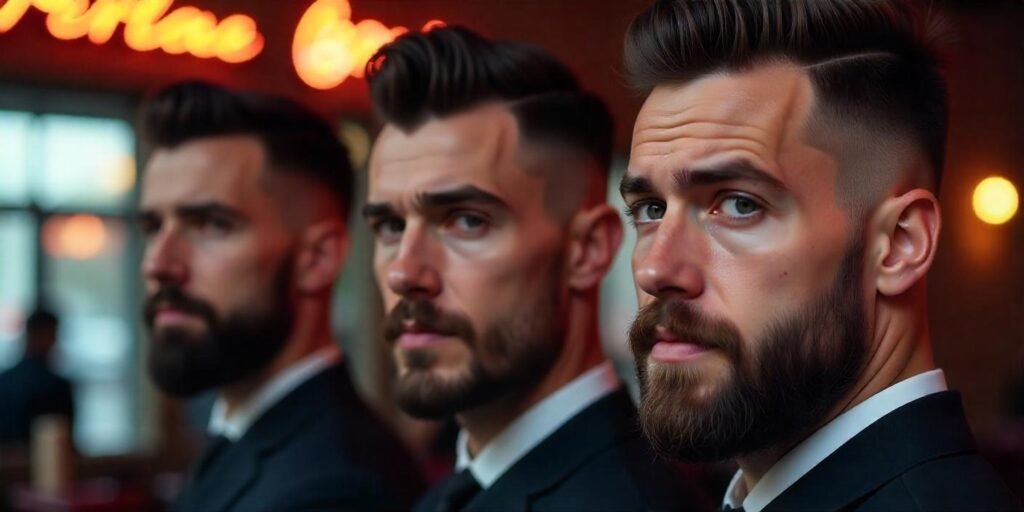 Low fade line-up, high fade line-up, and beard line-up examples on different men.