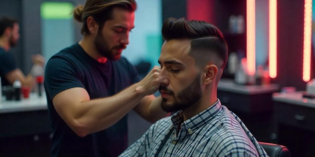 A man getting a touch-up for his black line-up haircut at the barbershop.