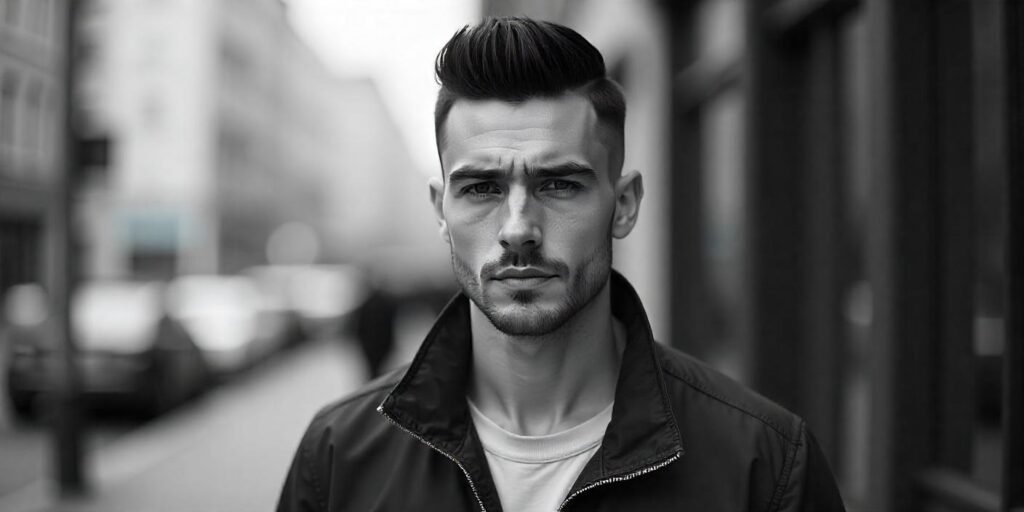A confident man with a sharp black line-up haircut, exuding modern style and sophistication.