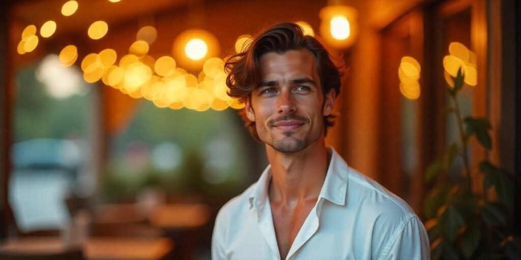 Man with wavy curtain hairstyle in a romantic, cozy setting, casual white shirt