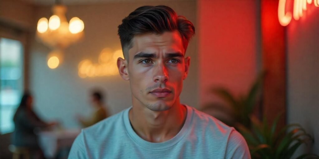 Man with modern curtain hairstyle and undercut, wearing a grey t-shirt,