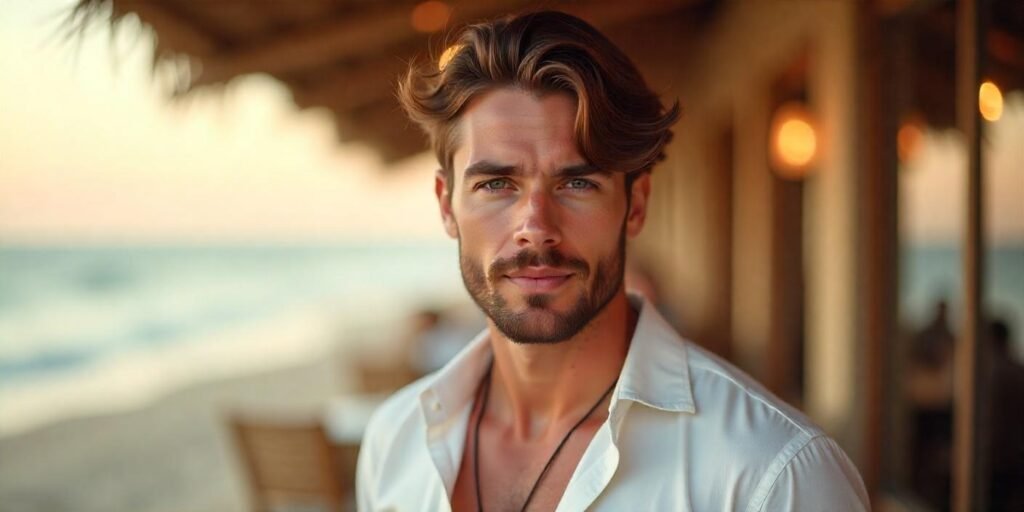 Man with curtain hairstyle and beard, styled in a casual white shirt, in a romantic setting.
