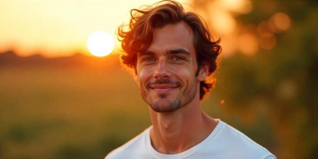 Curly middle part hairstyle for men with soft, bouncy curls and a relaxed look