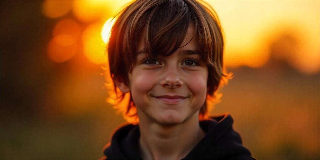 Boy with curtain hairstyle showcasing emo-inspired style, wearing a black hoodie in a romantic