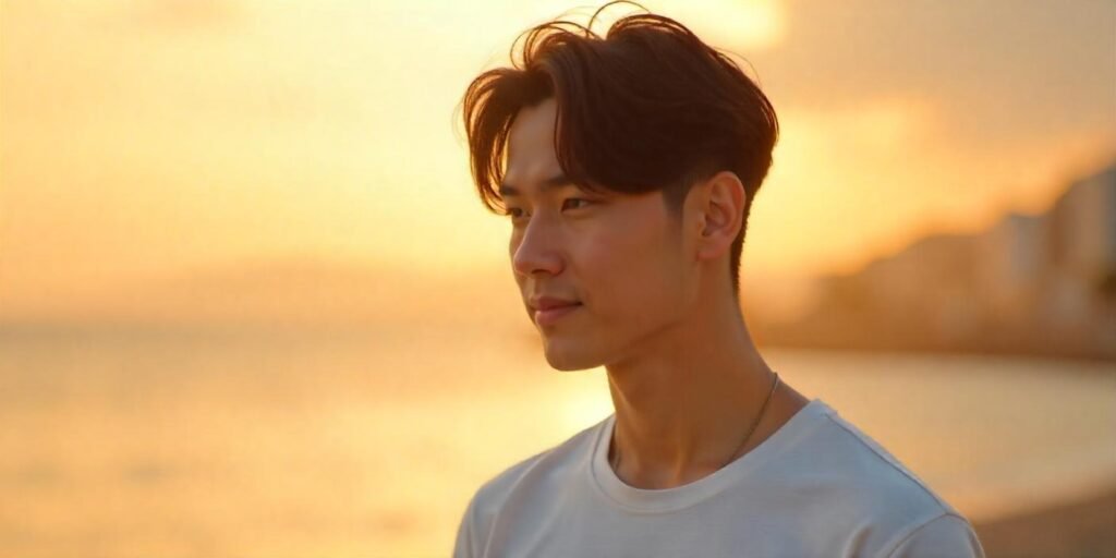 Asian man with curtain hairstyle, wearing a casual shirt, romantic background,