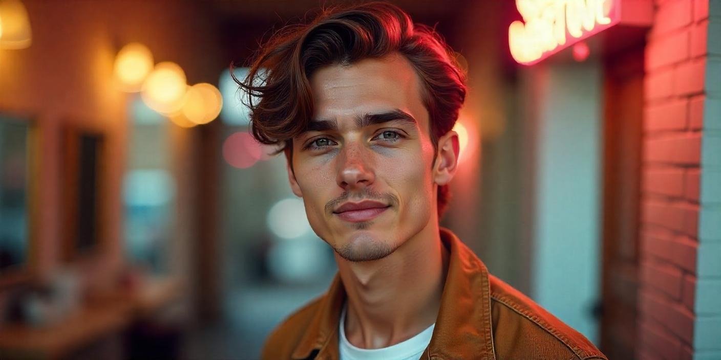 Young man showcasing modern curtain hairstyle with natural waves and middle part.