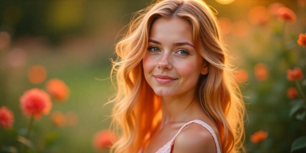 Realistic rose blonde hair color with a soft, vibrant glow in a romantic garden setting.