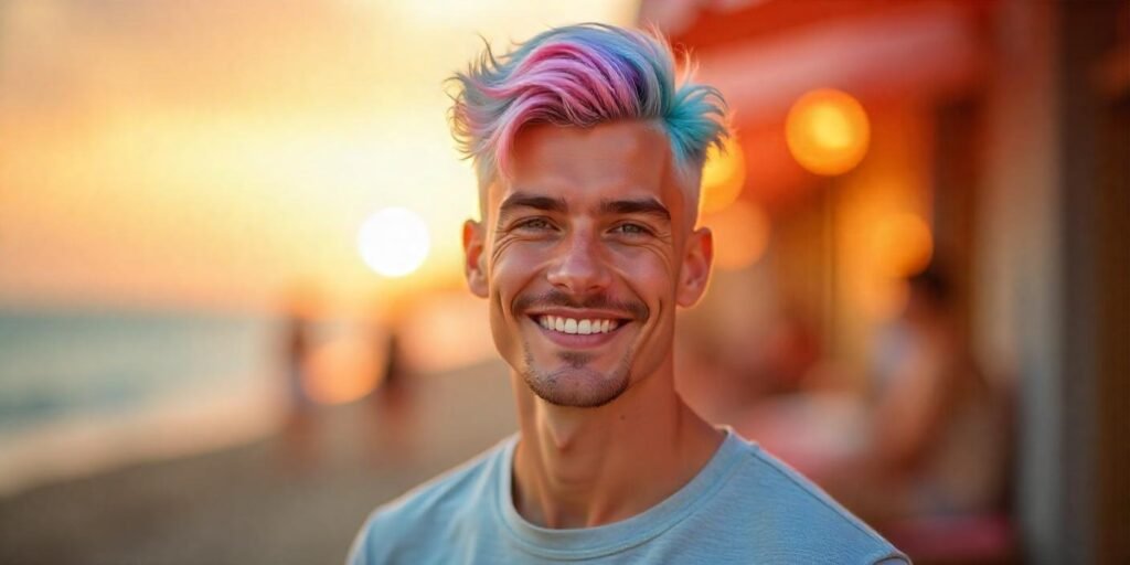 Men’s Layered Ice Cream Cut hairstyle with pastel multi-colored hair in a romantic sunset setting.