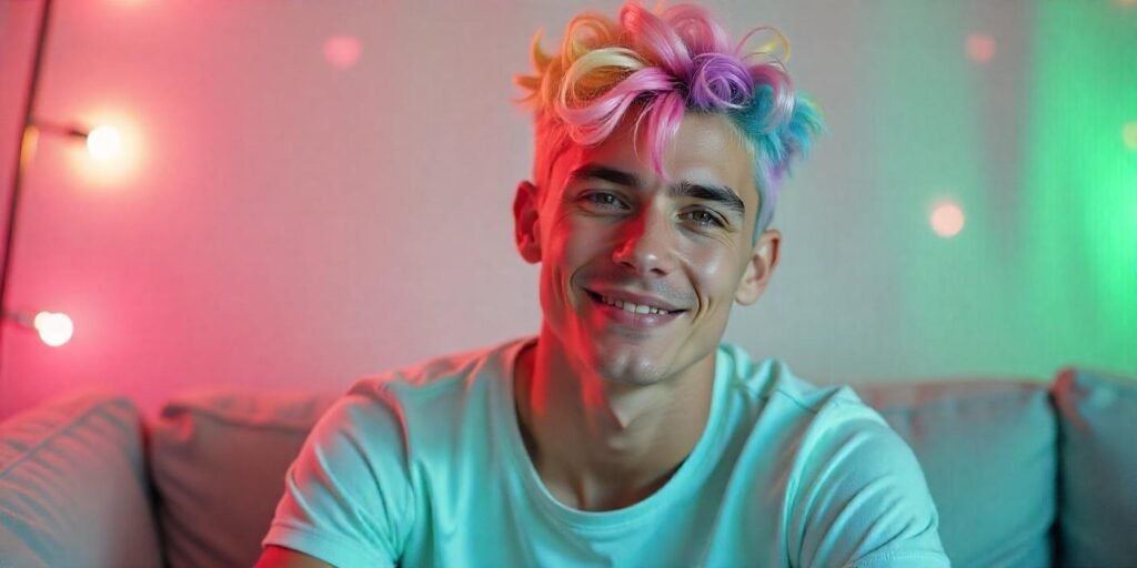 Rainbow Ice Cream Hair for men styled with bright, bold colors in a romantic, dreamy setting.