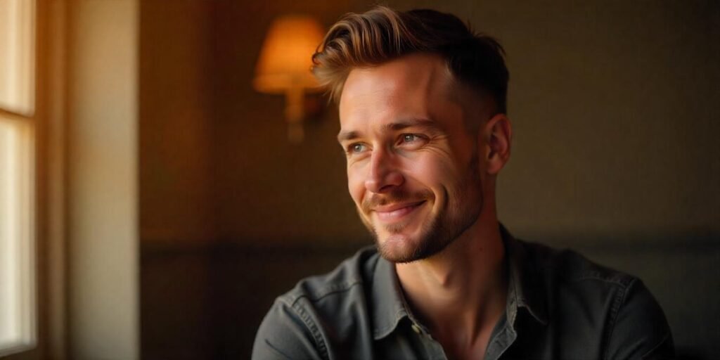 Realistic short textured haircut for 30-year-old men, relaxed and sophisticated style, romantic background.