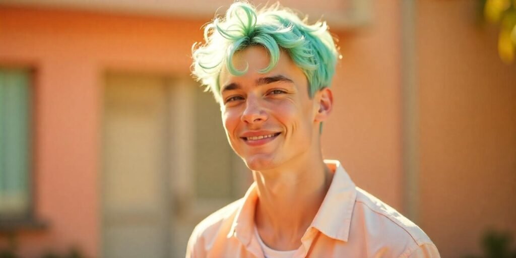 "Young man with pastel mint green, lavender, peach, and baby pink hair in a dreamy, romantic setting."