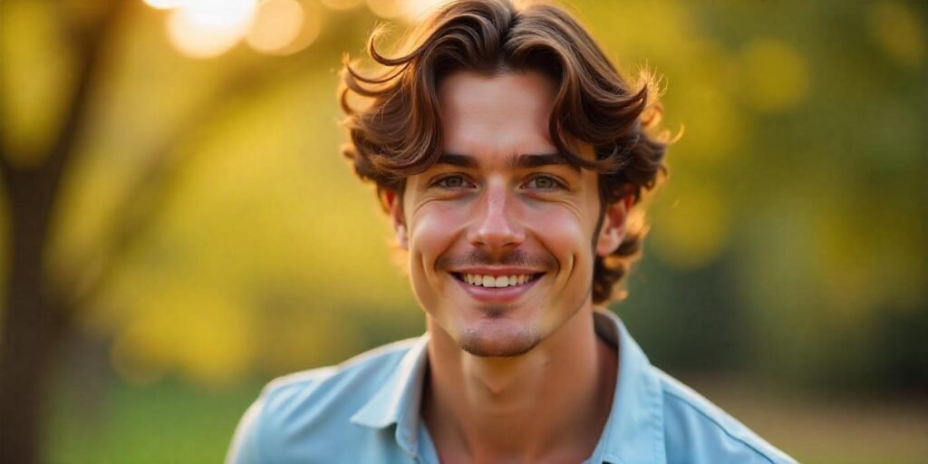 Man with flipped out hairstyle showcasing natural waves and relaxed style in soft pastel shirt.