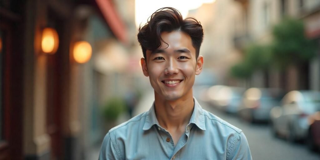 “Man with short Korean perm hairstyle, dark brown hair, wearing a light gray shirt, in a romantic urban setting”