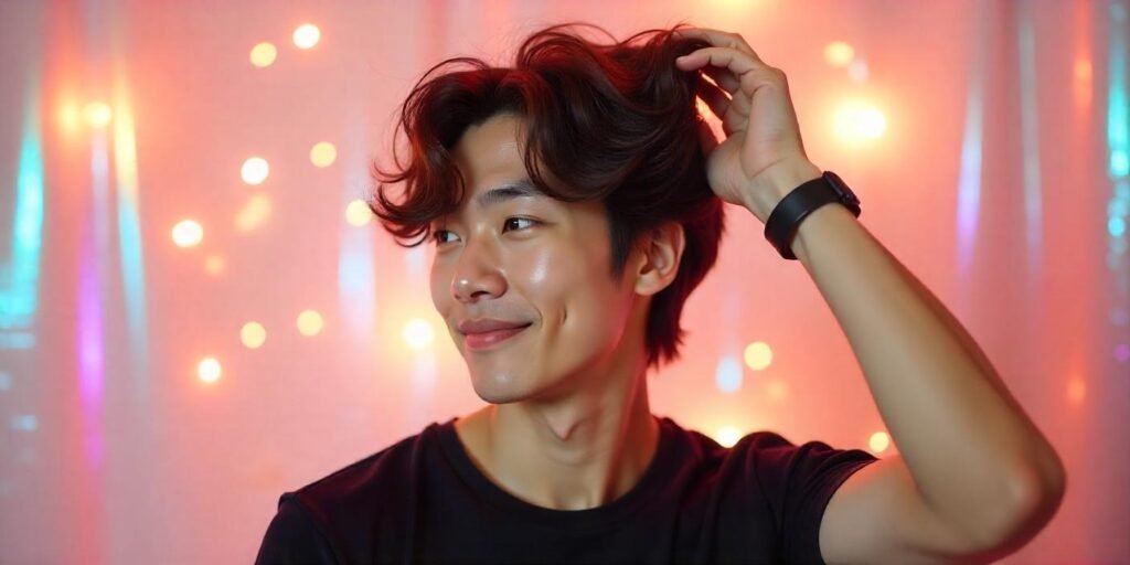 "Young man with Korean perm styled hair, soft waves, natural lift, and casual black t-shirt."