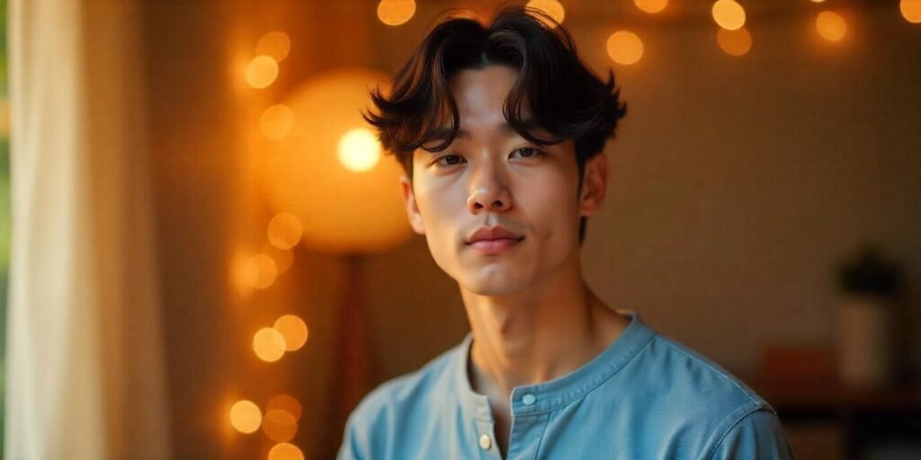 "Realistic Korean middle part perm for men with soft waves, casual outfit, and romantic vibe."