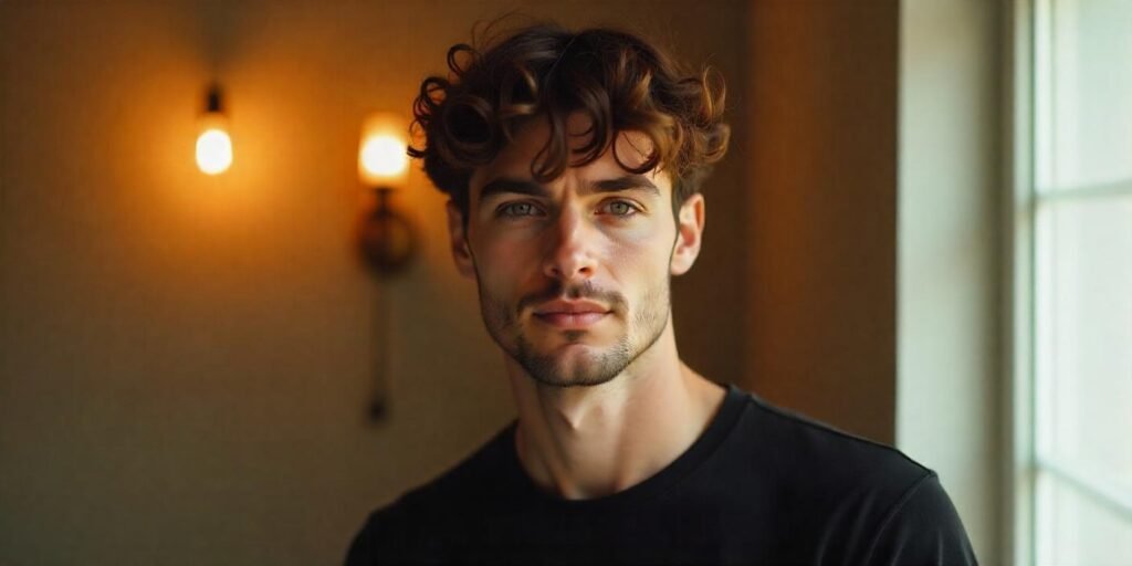 "Man with Korean shadow perm hairstyle, soft bouncy curls, in romantic setting."