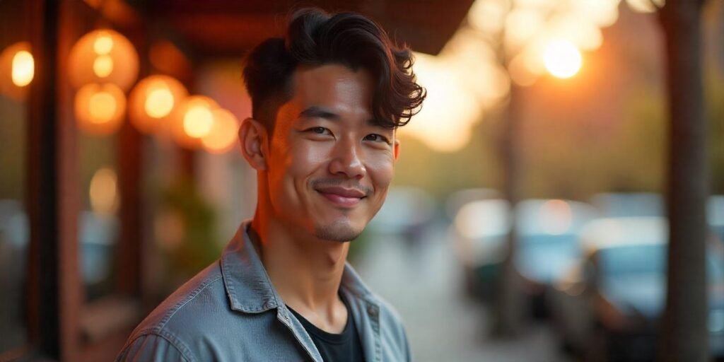 A man with a modern Korean perm hairstyle, wearing a light gray shirt, standing in a romantic setting with soft lighting.
