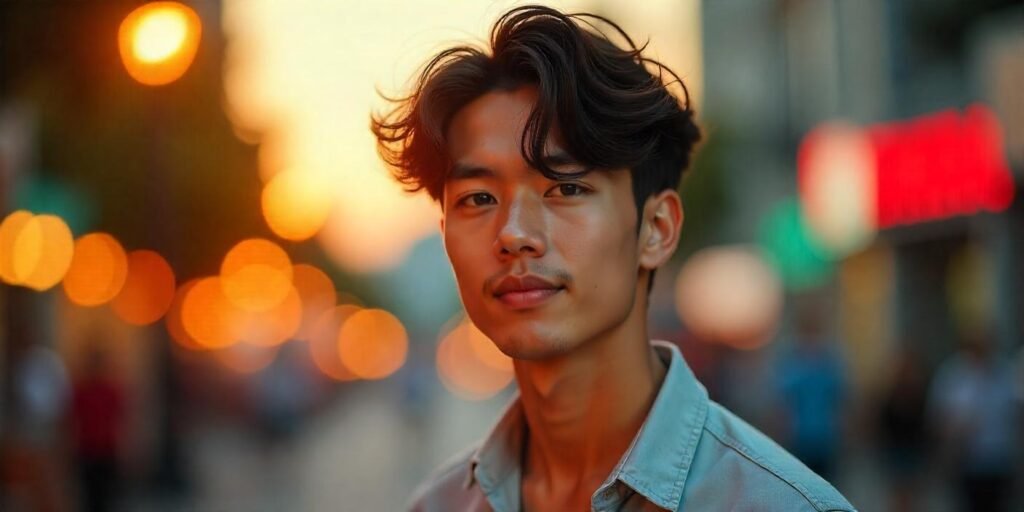 "Man with soft wavy hair in a Korean perm, dressed casually with a relaxed, natural look."