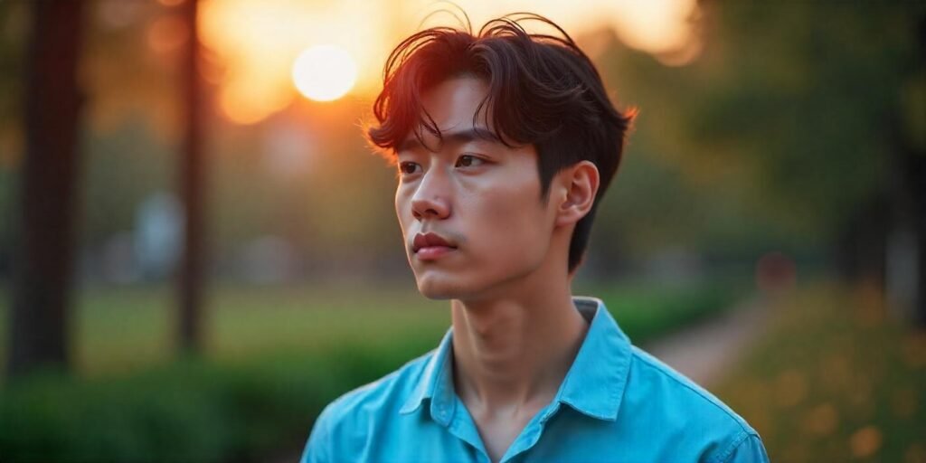 "Realistic Korean perm hairstyle for men, featuring soft waves and volume with a romantic vibe"