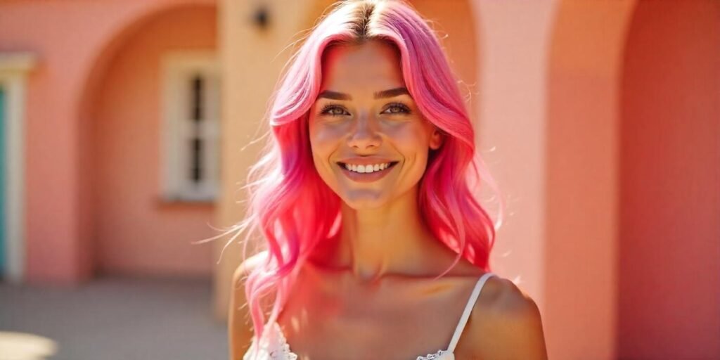 Realistic photo of a woman with Barbie Pink hair color styled in waves, wearing a white lace dress, 