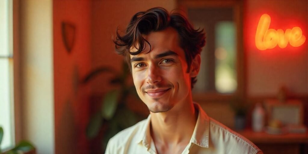 A young man with a mussed-up curtain hairstyle, wearing a beige shirt in a romantic setting, achieving natural texture and waves.