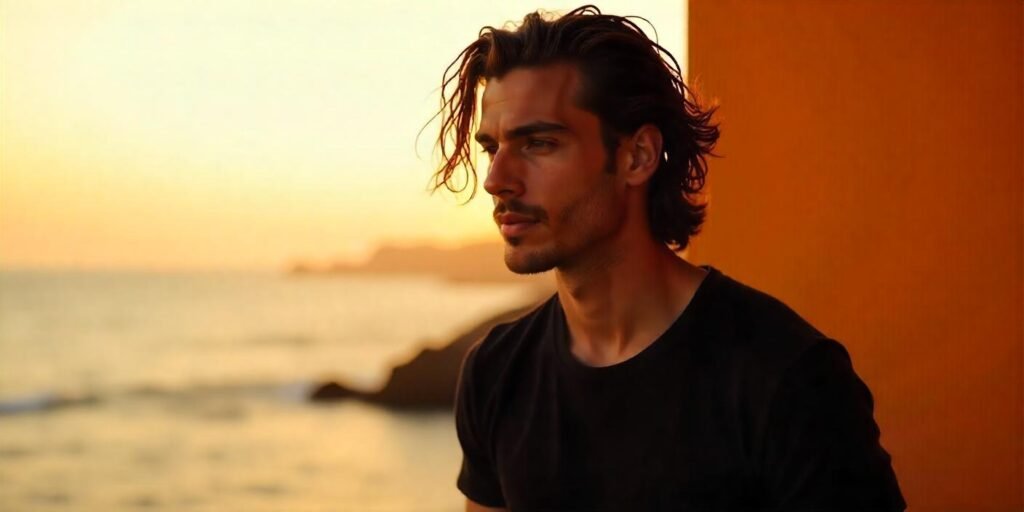 Realistic image of a man with loc drape hairstyle, showcasing a relaxed, natural look and romantic background.