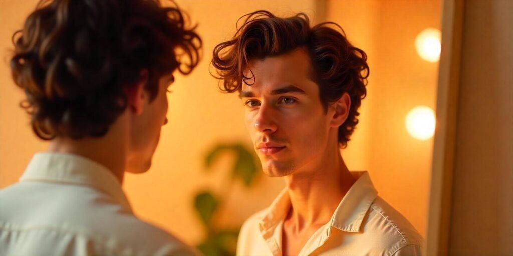 Young man with curly hair styled in a curtain hairstyle applying Davines OI All in One Milk for frizz control.