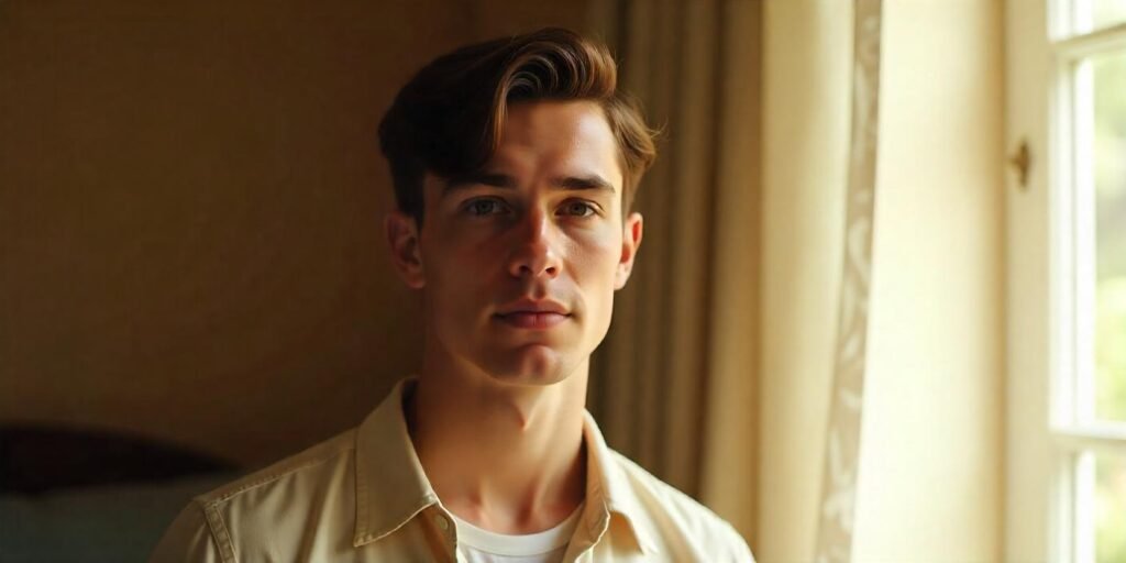 Young man with curtain hairstyle, natural trim, realistic neck, soft light, and romantic background