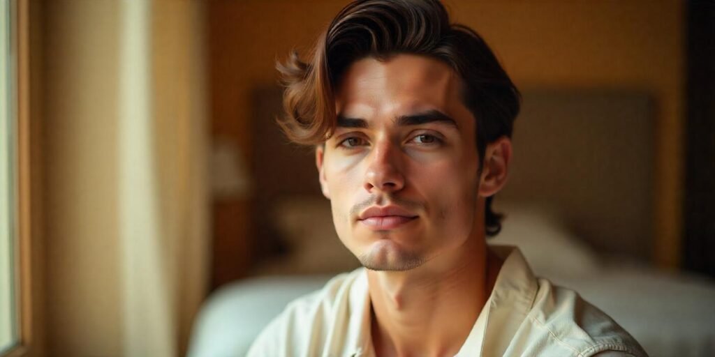 Man with one-sided curtain hairstyle, side parting framing face, soft romantic background