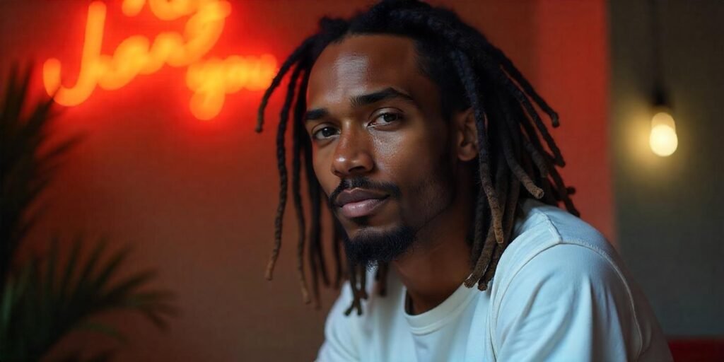 Long locs hairstyle for men, creating a stylish and sophisticated look with natural locs framing the face