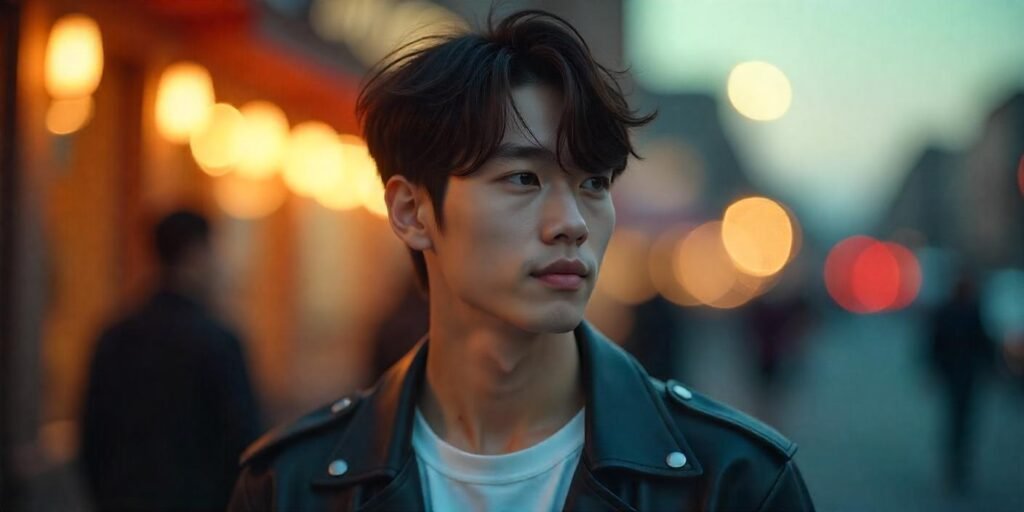 K-pop inspired curtain hairstyle with realistic details, soft brown hair, and stylish black leather jacket.
