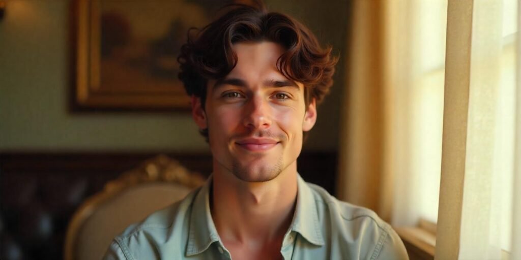 Young man with thick textured hair styled in curtain hairstyle with invisible parting, casual look in romantic setting