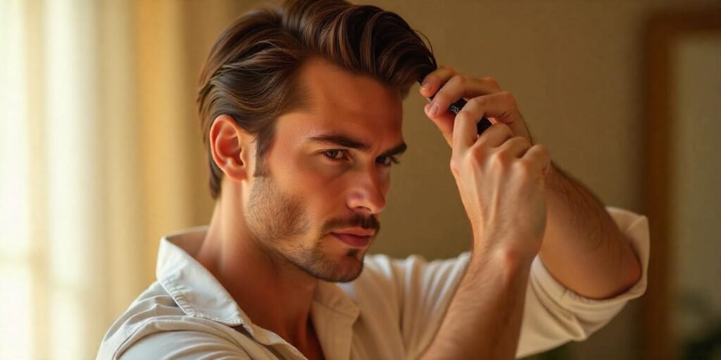 Angled curtain hairstyle for men with natural volume and lift in a romantic setting