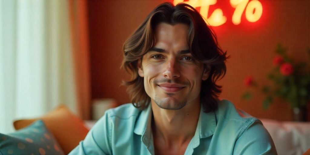 Man with curtain hairstyle and wavy hair, wearing casual light shirt in romantic setting.
