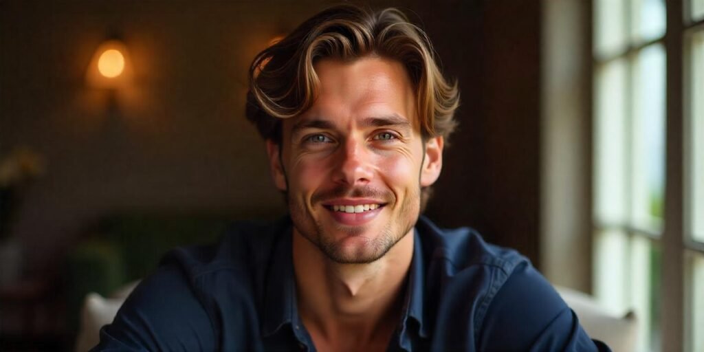Realistic image of a man with curtain hairstyle, voluminous side-swept hair, romantic background, and confident expression