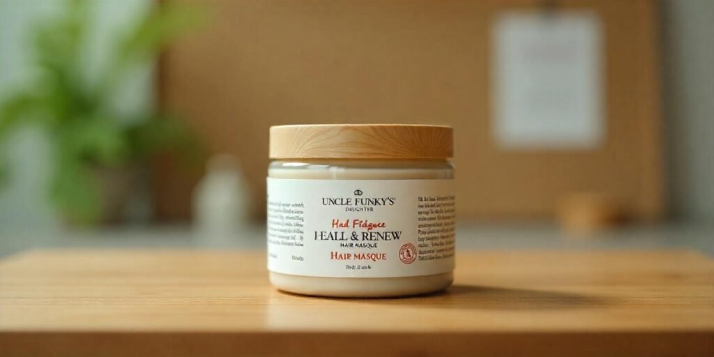 Uncle Funky’s Daughter Heal & Renew Hair Masque jar on a wooden surface showcasing premium hair care treatment.