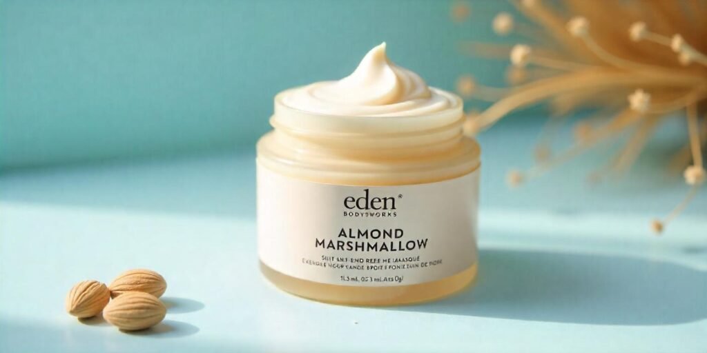 Eden Bodyworks Almond Marshmallow Split End Repair Masque jar for low-porosity hair with creamy texture