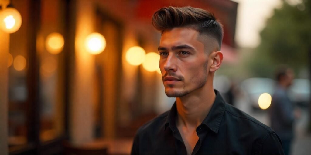 Realistic photo of a young man with a fade cut hairstyle, showcasing natural facial features