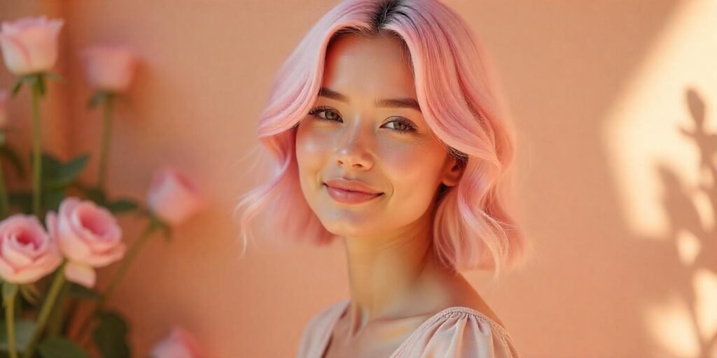 Woman with Cotton Candy Pink Hair Color in a romantic, pastel atmosphere.